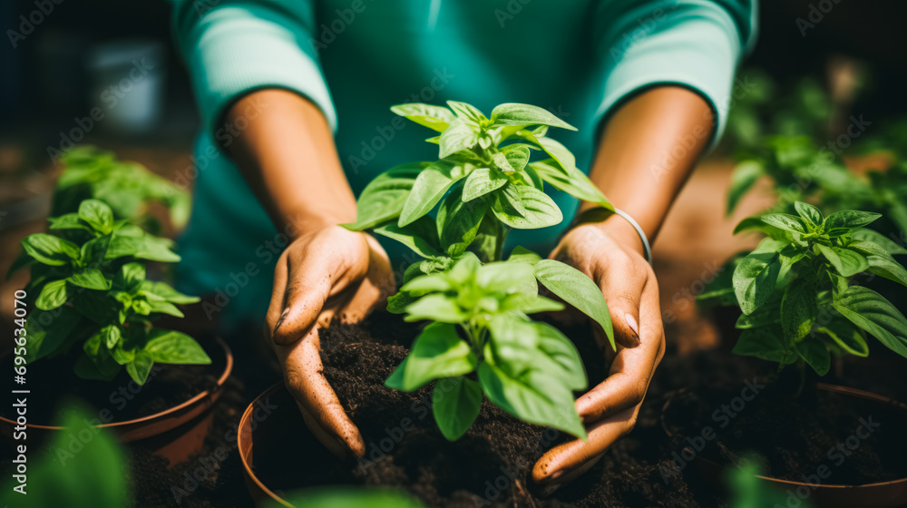 Fototapeta premium Hands nurturing a young basil plant in a pot filled with soil.