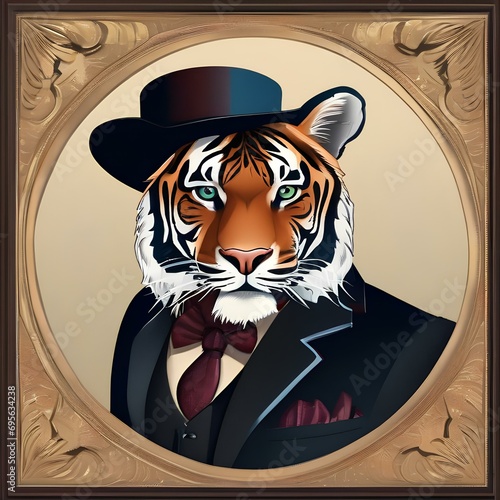 A debonair tiger in a gentleman's suit, posing for a portrait with a fierce yet dignified look1 photo