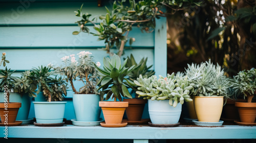 Assorted succulent plants in colorful pots on a blue wooden shelf.