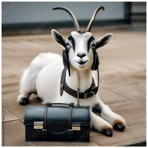 A sophisticated goat wearing a business suit, sitting for a corporate portrait with a briefcase2 photo