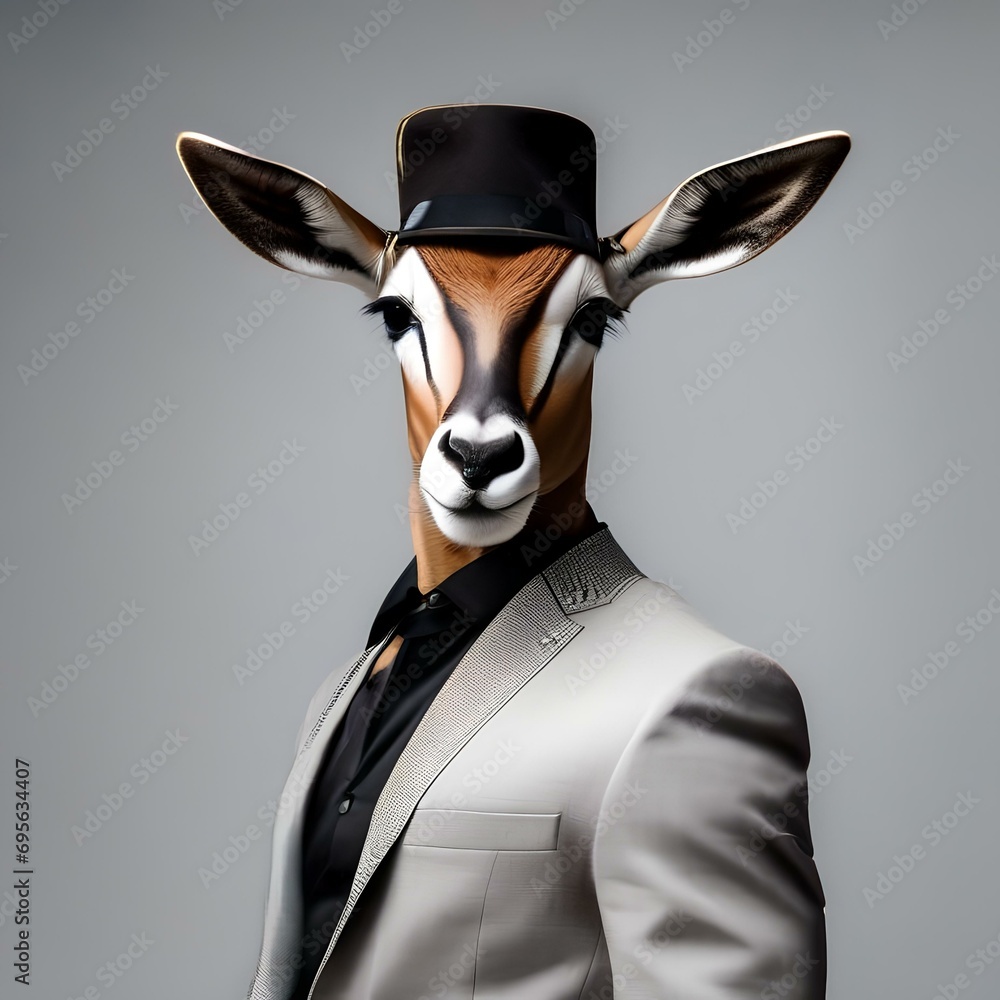 A fashionable antelope in modern clothing, posing for a portrait with graceful movements1 - obrazy, fototapety, plakaty 