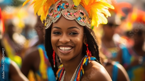 vibrant costumes and joyful faces of Carnival dancers in Barranquilla generative ai © ThisDesign