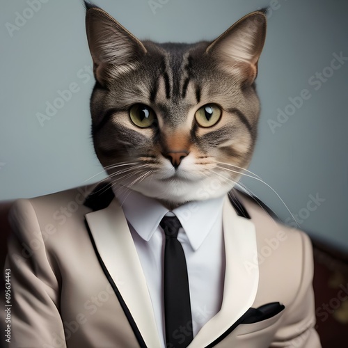 A sophisticated cat in a tuxedo  posing for a portrait with a mysterious gaze2
