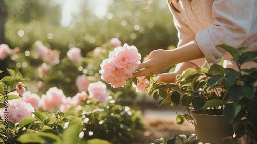 Fototapeta Naklejka Na Ścianę i Meble -  A person gently touching a blooming pink peony in a garden with sunlight.