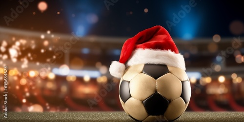 Close-up illustration of a soccer ball with grandpa's mask cap on the field during the Christmas holidays photo