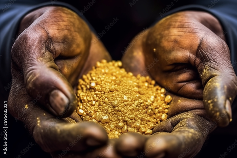 Gold rush. Gold in hands of the Gold Miner after gold mining. Miner is Digging up for Treasure worth millions dollar from Huge Nugget. Gold rush. Gold in hands of the Gold Miner after gold mining. Miner is Digging up for Treasure worth millions dollar from Huge Nugget.