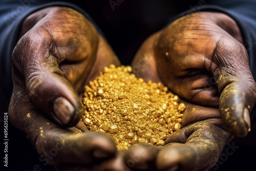 Gold rush. Gold in hands of the Gold Miner after gold mining. Miner is Digging up for Treasure worth millions dollar from Huge Nugget.