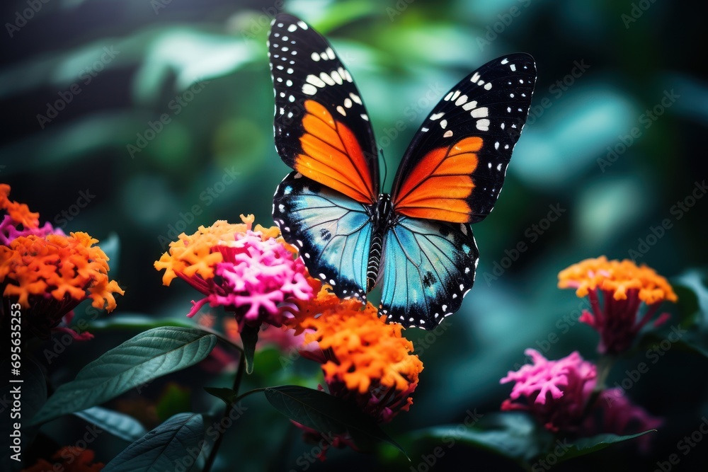 Close-up of a colorful butterfly on a blooming flower, symbolizing beauty and nature. Close-up of a colorful butterfly on a blooming flower, symbolizing beauty and nature.