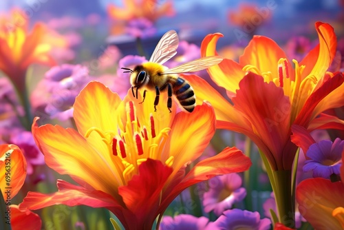 Close-up of a bee pollinating vibrant spring flowers in a garden.