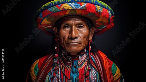 man proudly wearing a Peruvian traditional costume, showcasing vibrant patterns generative ai