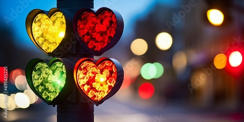 Heart-shaped Traffic Lights in Evening Cityscape. Generative ai photo