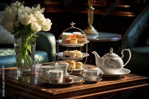Elegant afternoon tea setup with fine china and delicate pastries.