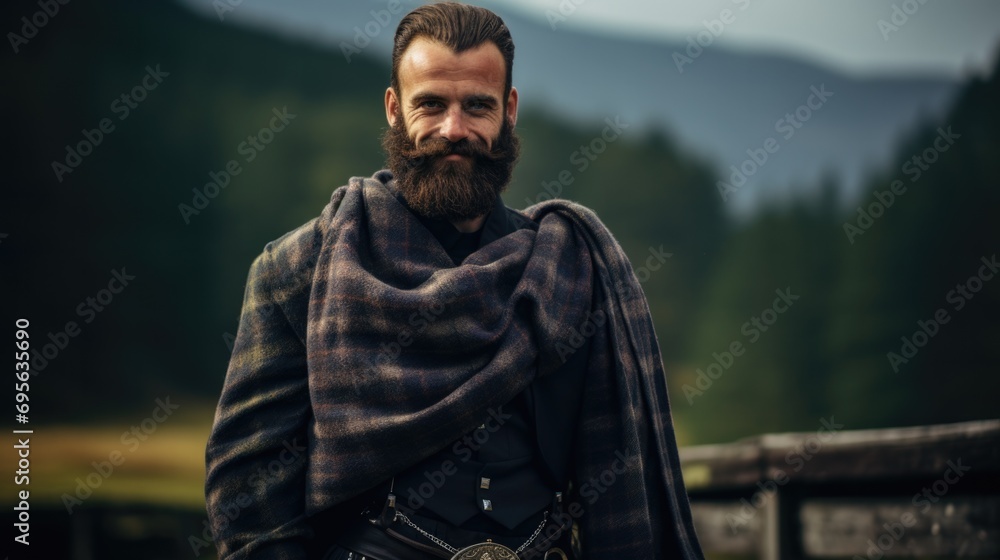 man proudly wearing a traditional Scottish Ghillie shirt and kilt generative ai - obrazy, fototapety, plakaty 