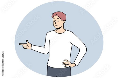 Smiling young man point aside demonstrate good deal or offer. Happy man recommend sale or promotion. Client feedback concept. Vector illustration.