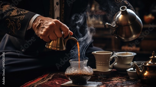 Person skillfully pouring and brewing traditional Turkish coffee. generative ai