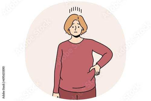 Unhappy young woman touch fat on belly distressed with excessive weight. Upset overweight female distressed with obesity show extra kilos. Vector illustration.