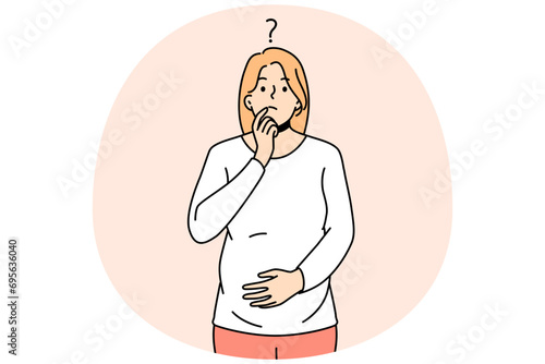 Frustrated young pregnant woman touch belly feeling doubtful thinking. Confused female feel questionable and unsure about pregnancy. Vector illustration.