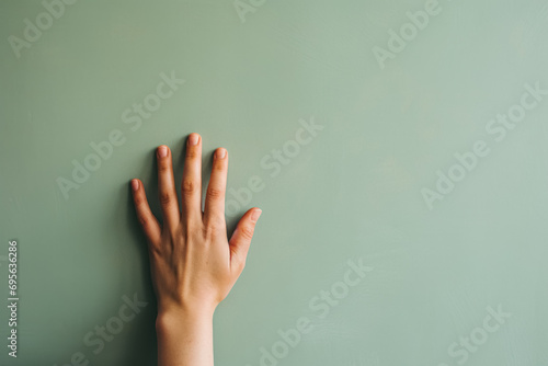 A single human hand with visible fingers is placed against a plain greenish background, suggesting concepts of touch, feel, or gentle interaction.