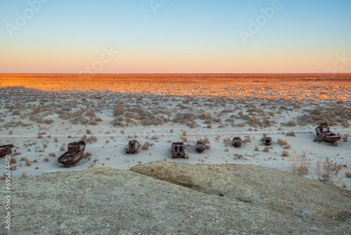 boat's cemetery, former Aral lake, in Moynaq, Karakalpakstan, Uzbekistan
