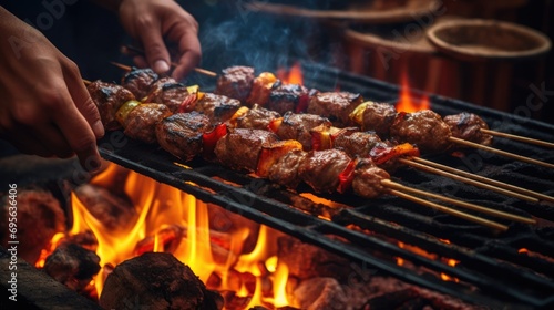 Person skillfully grilling kebabs for a Middle Eastern feast generative ai