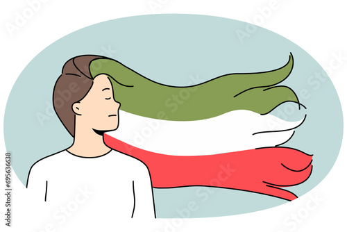 Woman with Iranian flag in hair stand together for equal rights. Female activist or feminist protest for democracy in Iran. Vector illustration.