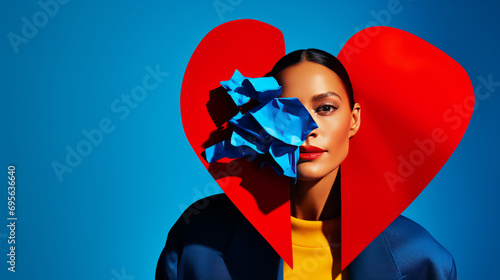 A bold photographic abstraction featuring a beautiful woman in colorful clothing embedded in huge red and blue tissue paper heart pieces. Valentine's day concept.