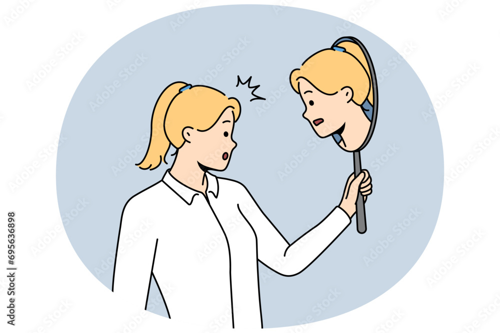Woman looking in mirror thinking of different part of self. Young female consider aspects of inner identity. Self-awareness and oneness. Vector illustration. Woman looking in mirror thinking of different part of self. Young female consider aspects of inner identity. Self-awareness and oneness. Vector illustration.