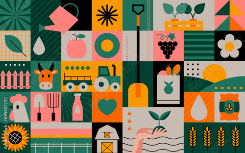 Local organic production. Planting and gathering crops, working on tractor, farmer selling fruits and vegetables, farm animals, farmhouse. Farm agriculture theme. Farmer icons