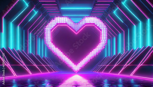 3d render, pixel heart frame, heart shape, empty space, ultraviolet light, 80's retro style, fashion show stage, abstract background, illuminate frame design