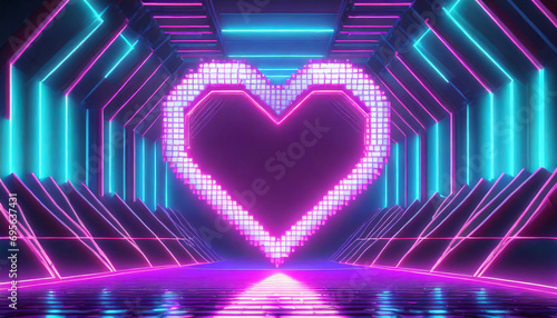 Obraz na plátně 3d render, pixel heart frame, heart shape, empty space, ultraviolet light, 80's