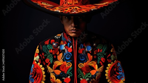 person wearing a vibrant Joropo costume, showcasing intricate embroidery generative ai photo