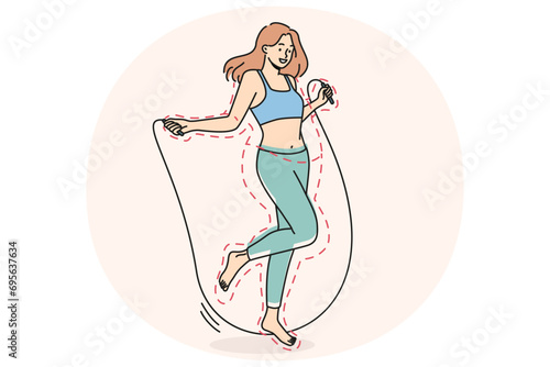 Smiling young woman jumping on jump rope losing weight. Happy toned girl follow healthy lifestyle workout with rope. Sport and training. Vector illustration.
