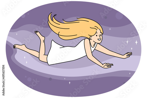 Smiling little girl flying in sky dreaming in sleep or nap. Happy dreamy child in air engaged in dreams. Daydreaming and imagination. Vector illustration.