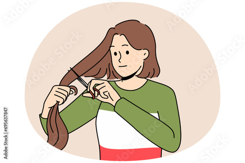 Young woman cut hair support Iranian women. Decisive female stand together with iran feminist and activist. Equality and feminist rights. Vector illustration.
