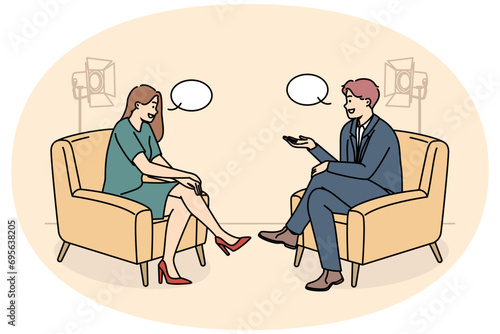 Smiling people sitting in chairs in studio filming TV program. Happy interviewer and interviewee have discussion shooting live broadcast. Vector illustration.