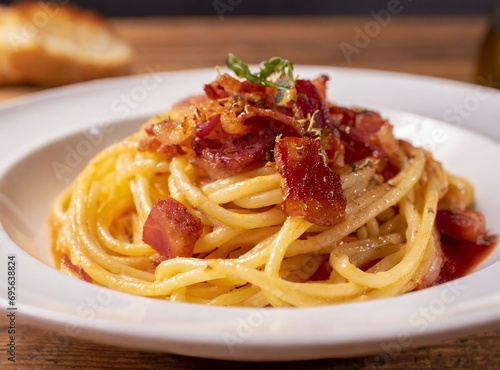 Spaghetti pasta with classical Italian sauce, made with pancetta. Traditional recipe. Italian restaurant dish.