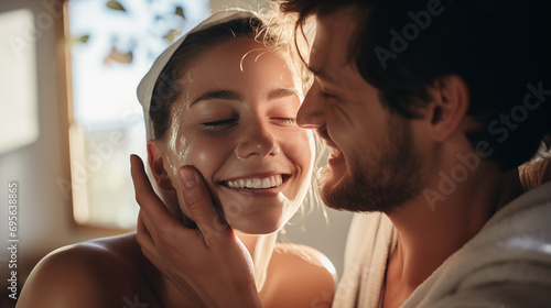 Witness a joyful skincare moment as a man tenderly offers moisturizer to his woman. The captured essence of the moment and sunrays shining upon them create a composition brimming with youthful energy.