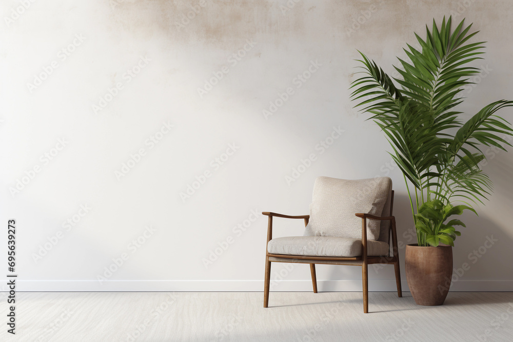 Boho living room interior with empty beige wall for mockups. Cozy wicker armchair near green plants. Natural daylight from a window. Minimalist promotional background with copy space. - obrazy, fototapety, plakaty 