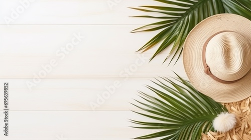Palm Leaves, Sea Shells, Hat, and Flip Flops on Background in a Flat Lay with Copy Space