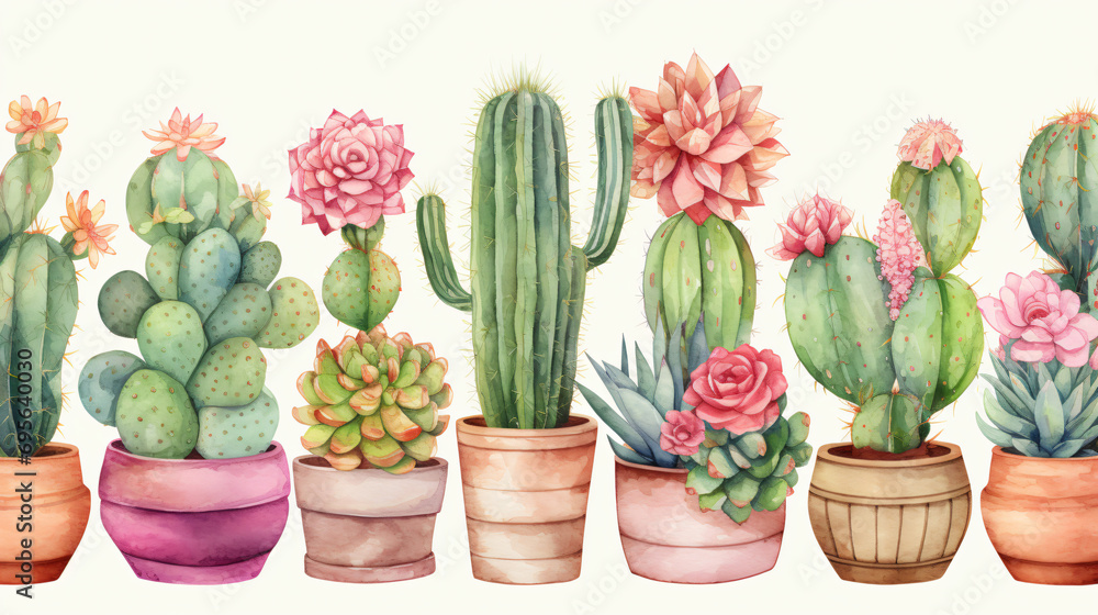 Beautiful watercolor cactus in flower pots seamless background