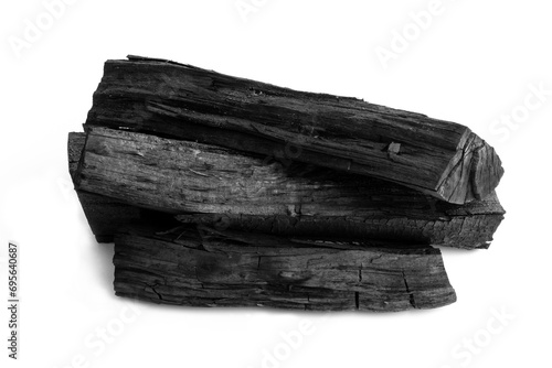 Natural fire ashes with wood charcoal texture isolate on white background. It is a flammable hard rock. Space for text. 