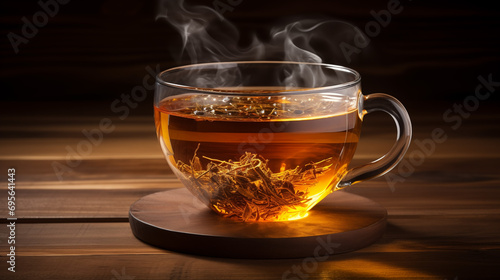 A grand glass cup filled to the brim with steaming herbal tea, nestled among a rustic wooden setting