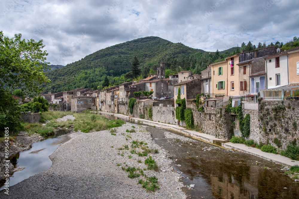 The Rieutord River flows through the French town of Sumene in the Cevennes, France