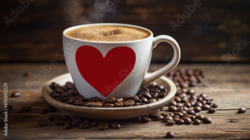 taza de café con un corazón rojo dibujado sobre plato y mesa con granos de café, con fondo oscuro, concepto San Valentín