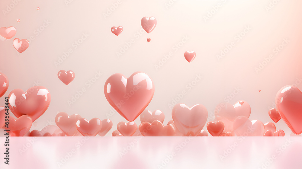 elegant arrangement of translucent pink hearts rising above a reflective surface with space to mount a product or text. Background for Valentine's Day, anniversaries and romantic marketing materials