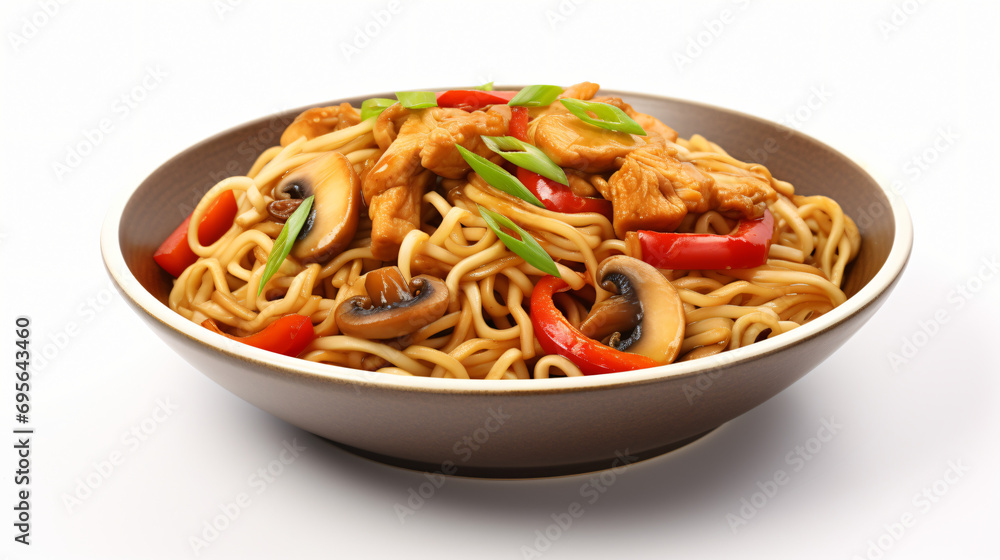 Bowl of Chinese Chicken Noodle Stir Fry with Mushroom