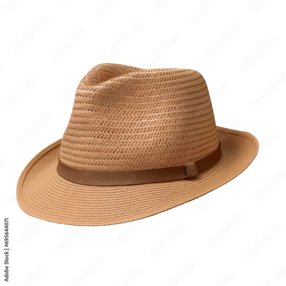 Fedora sun hat isolated on a white background. Mens' or womens' casual straw hat with ribbon. Stylish summer, beachwear, vacation, travel, accessory for UV protection, beach day, sun protection