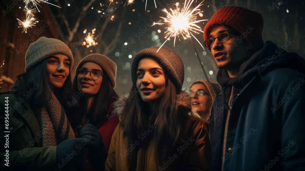 Young Partygoers Capturing the Moment: Taking a Selfie with Fireworks as Backdrop and Sparklers in Hand. Generative AI Young Partygoers Capturing the Moment: Taking a Selfie with Fireworks as Backdrop and Sparklers in Hand. Generative AI