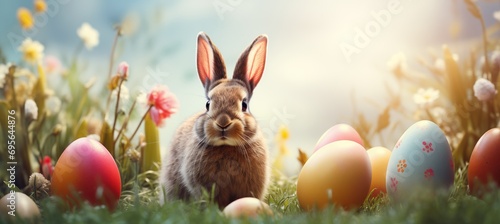 Springtime Celebration: Cute Bunny Frolicking in a Joyous Atmosphere of Easter Eggs. Generative AI photo