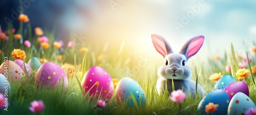 Easter Radiance: Adorable Bunny Basking in the Glorious Glow of Colorful Eggs. Generative AI